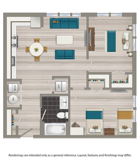 two bedroom floor plan rendering at terrace manor apartments in washington dc